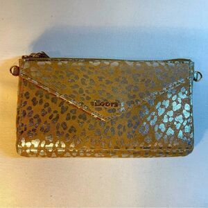 🐆 LODIS convertible wristlet crossbody wallet foiled silver & tan suede le…